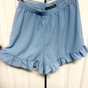 Boohoo Sky Blue Ruffle Hem High Waist Shorts